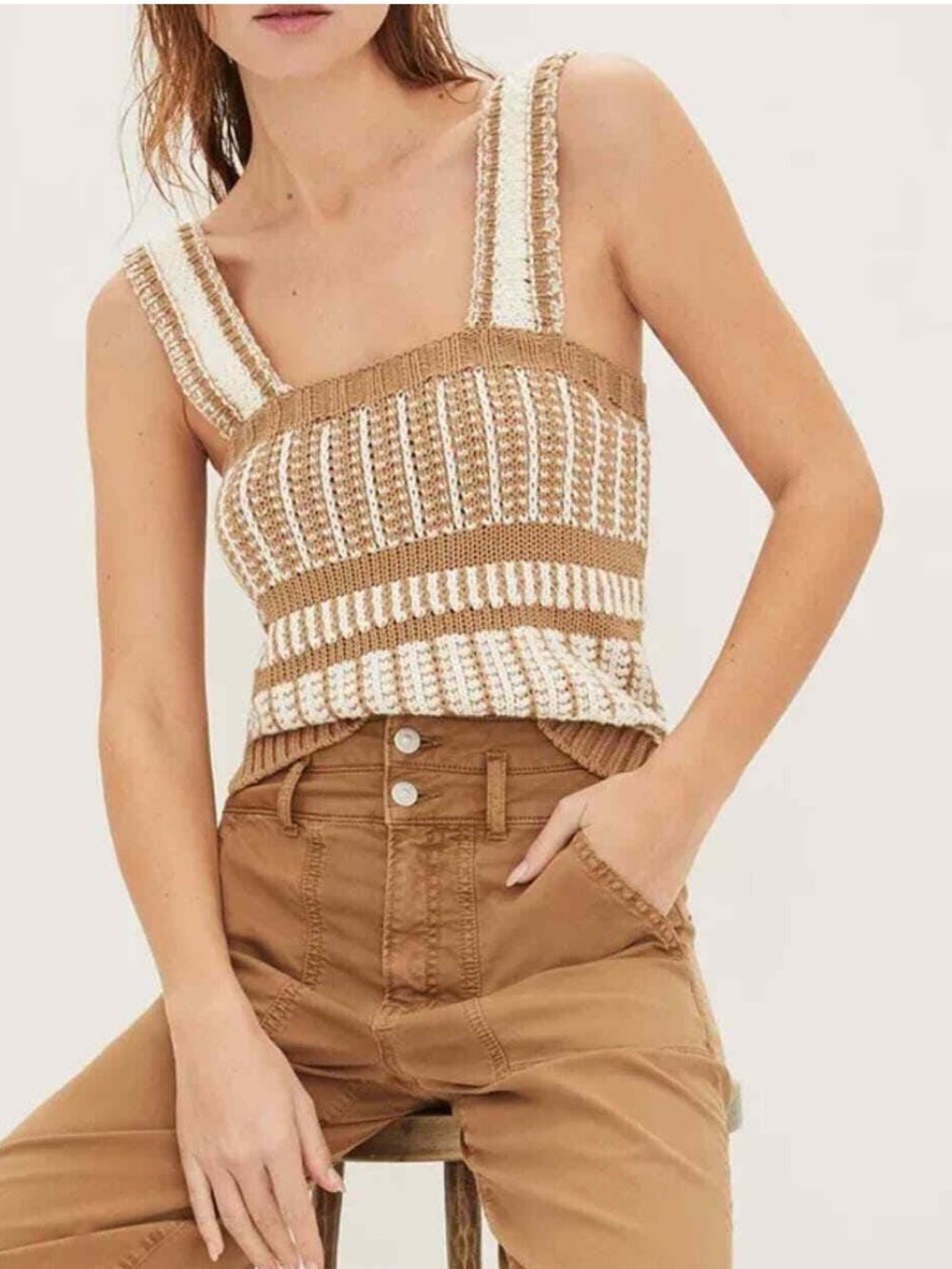 Veronica Beard Voya Knit Tank Top Sleeveless Khaki/White Size XS